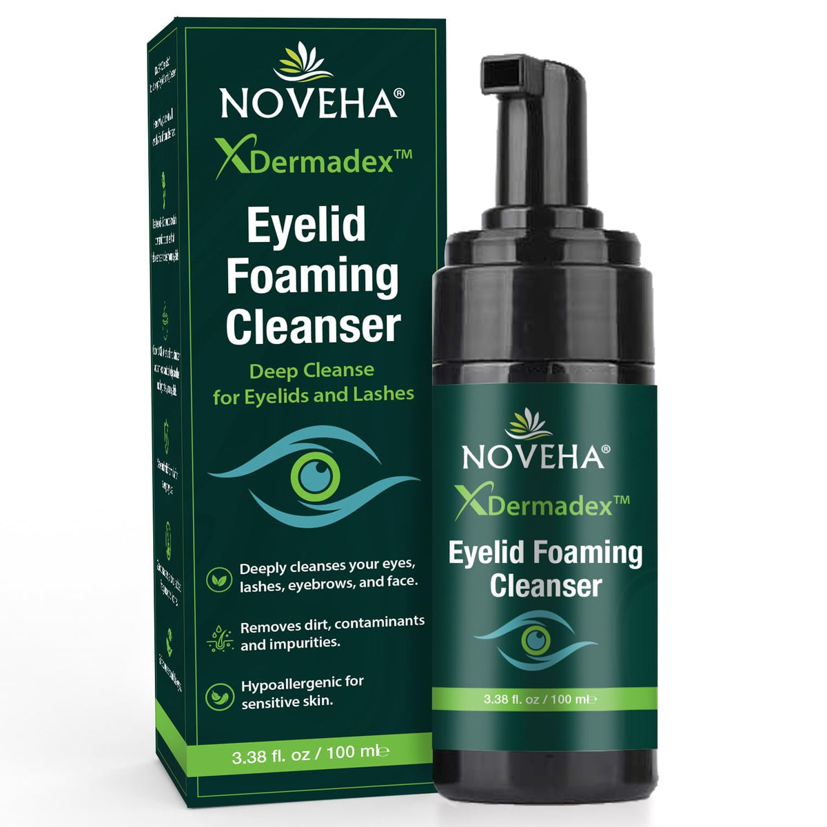 NOVEHA foaming cleanser front packaging showing label and pump, easy identification benefit