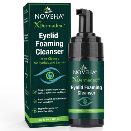 NOVEHA foaming cleanser front packaging showing label and pump, easy identification benefit