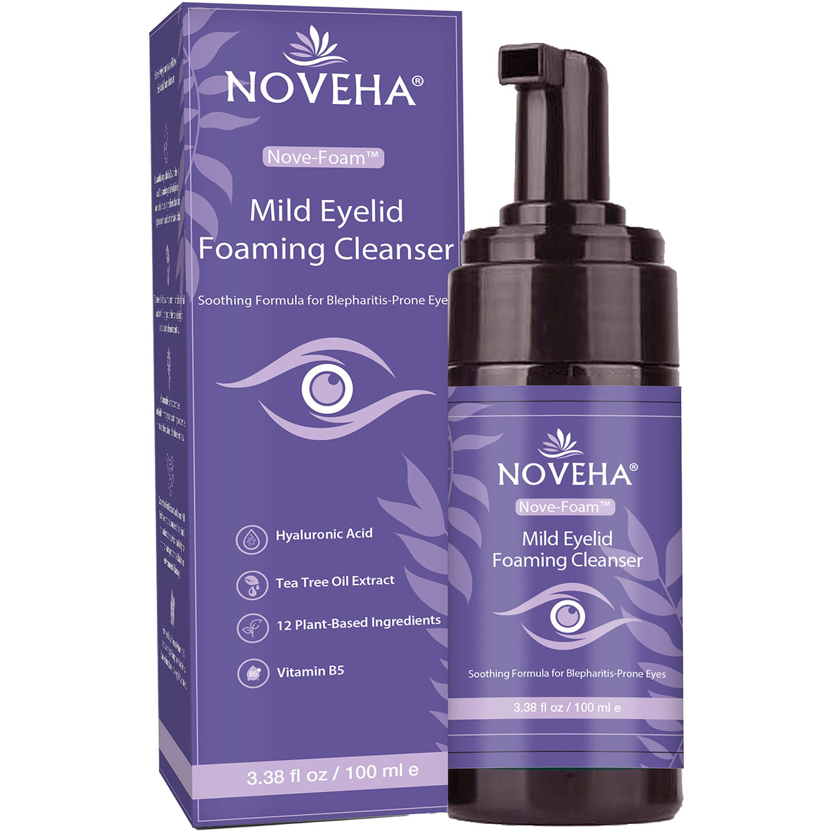 NOVEHA front bottle showing lavender and tea tree benefits for gentle cleansing