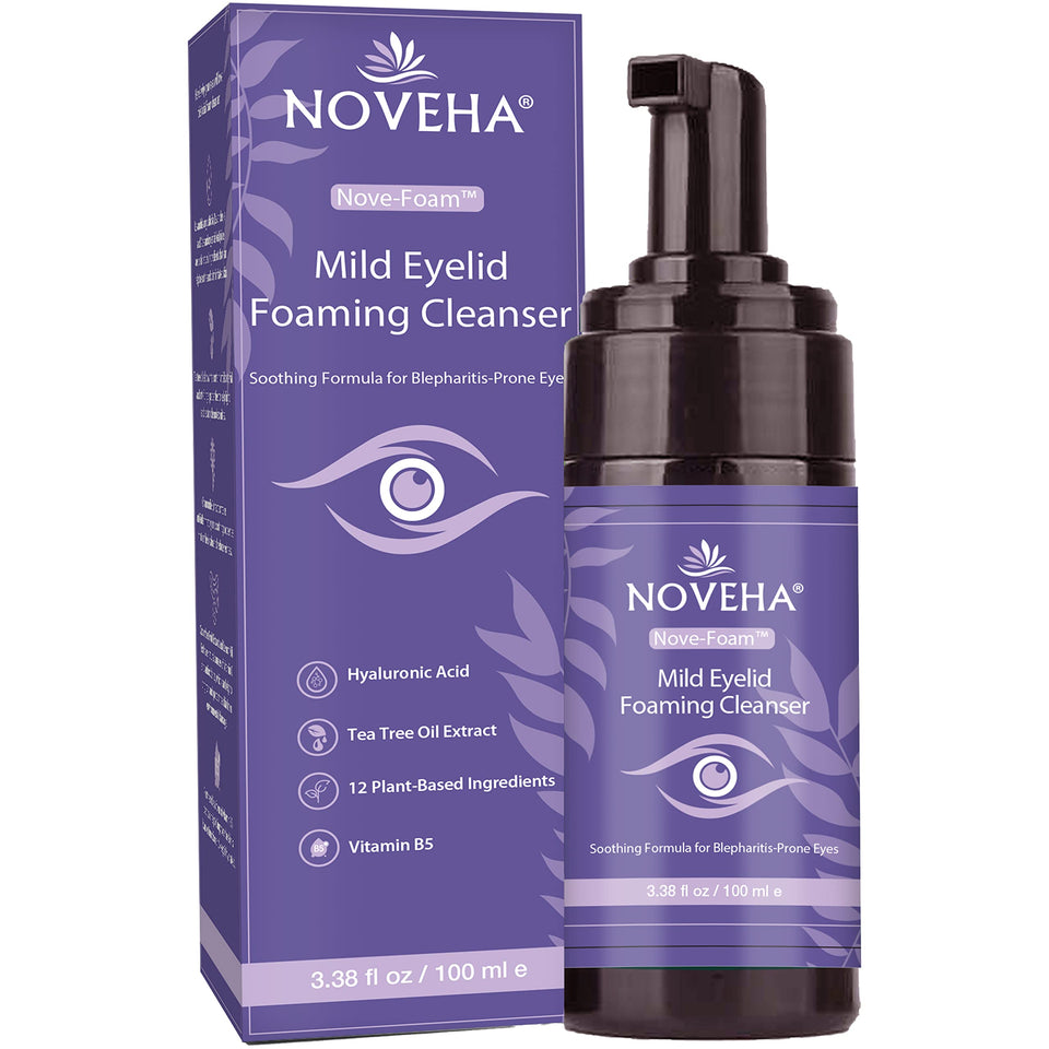 NOVEHA front bottle showing lavender and tea tree benefits for gentle cleansing