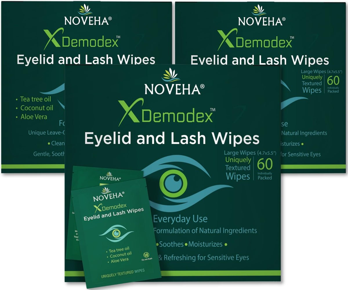NOVEHA box front packaging showing pack of 60 extra-strength wipes, easy storage benefit