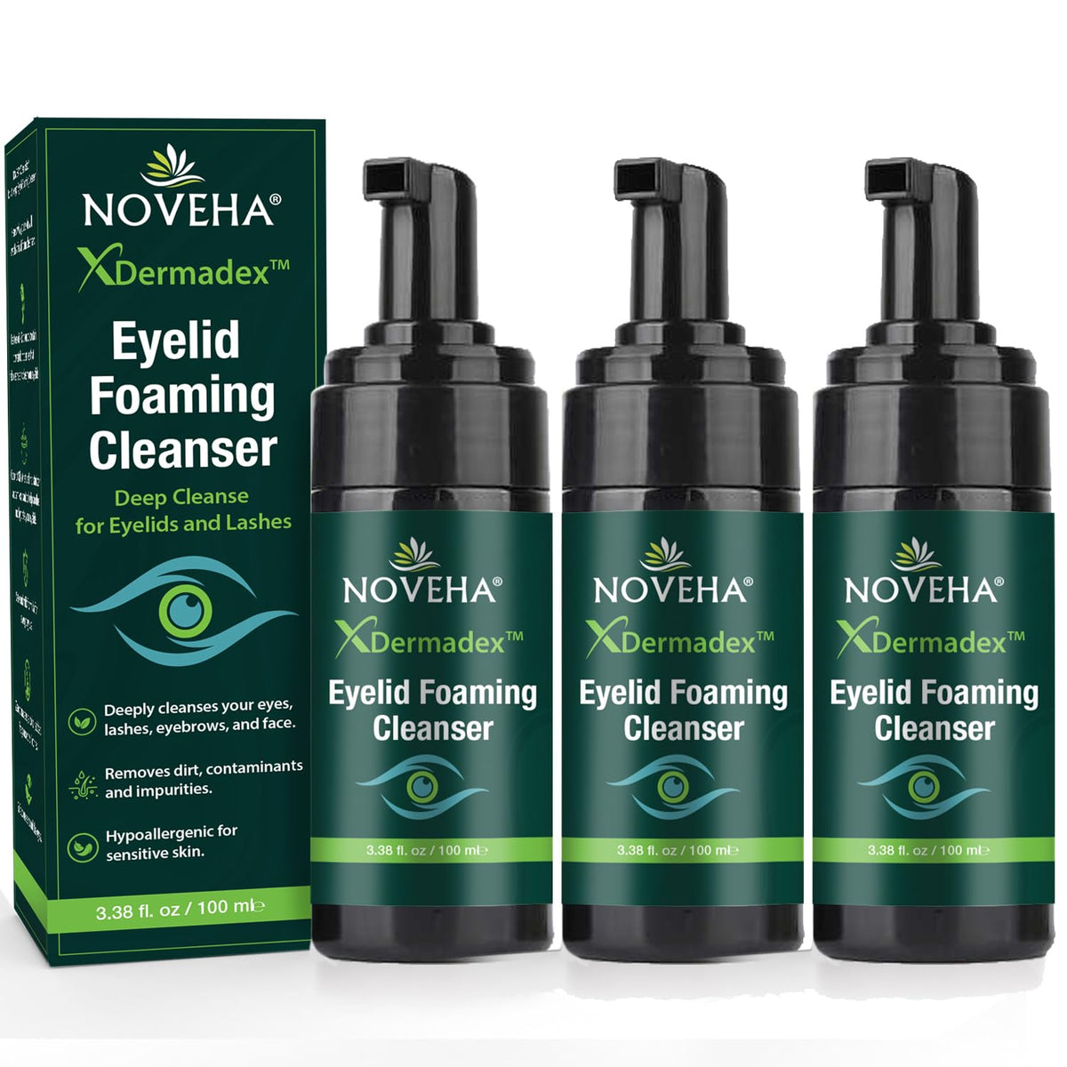 NOVEHA front packaging showing foam bottle and clear branding, conveys trust