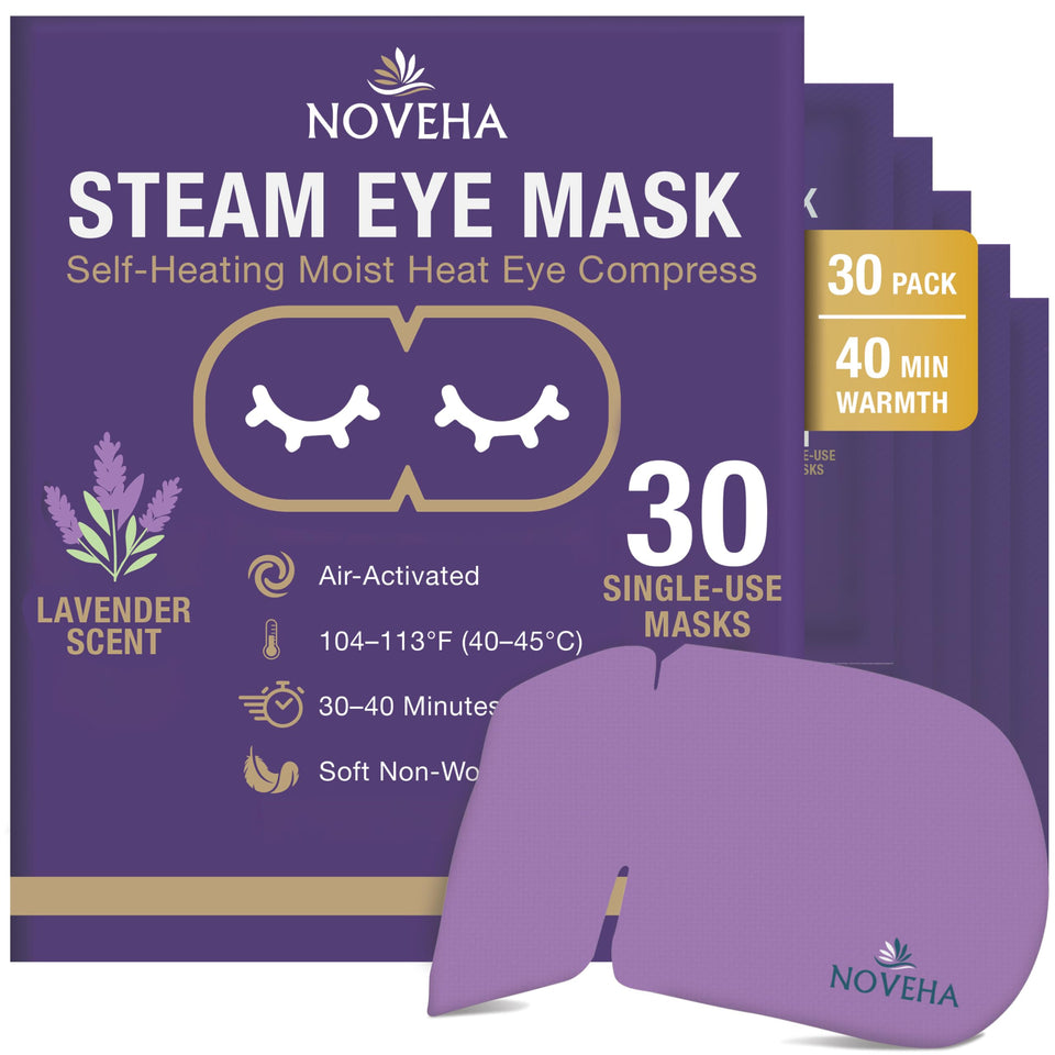 NOVEHA front packaging showing 30 lavender steam eye masks for quick relief