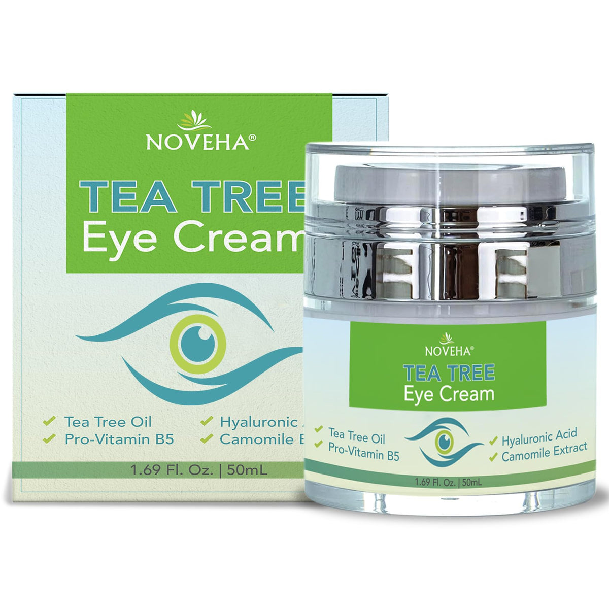 NOVEHA front packaging showing jar and box, clear product ID and benefits