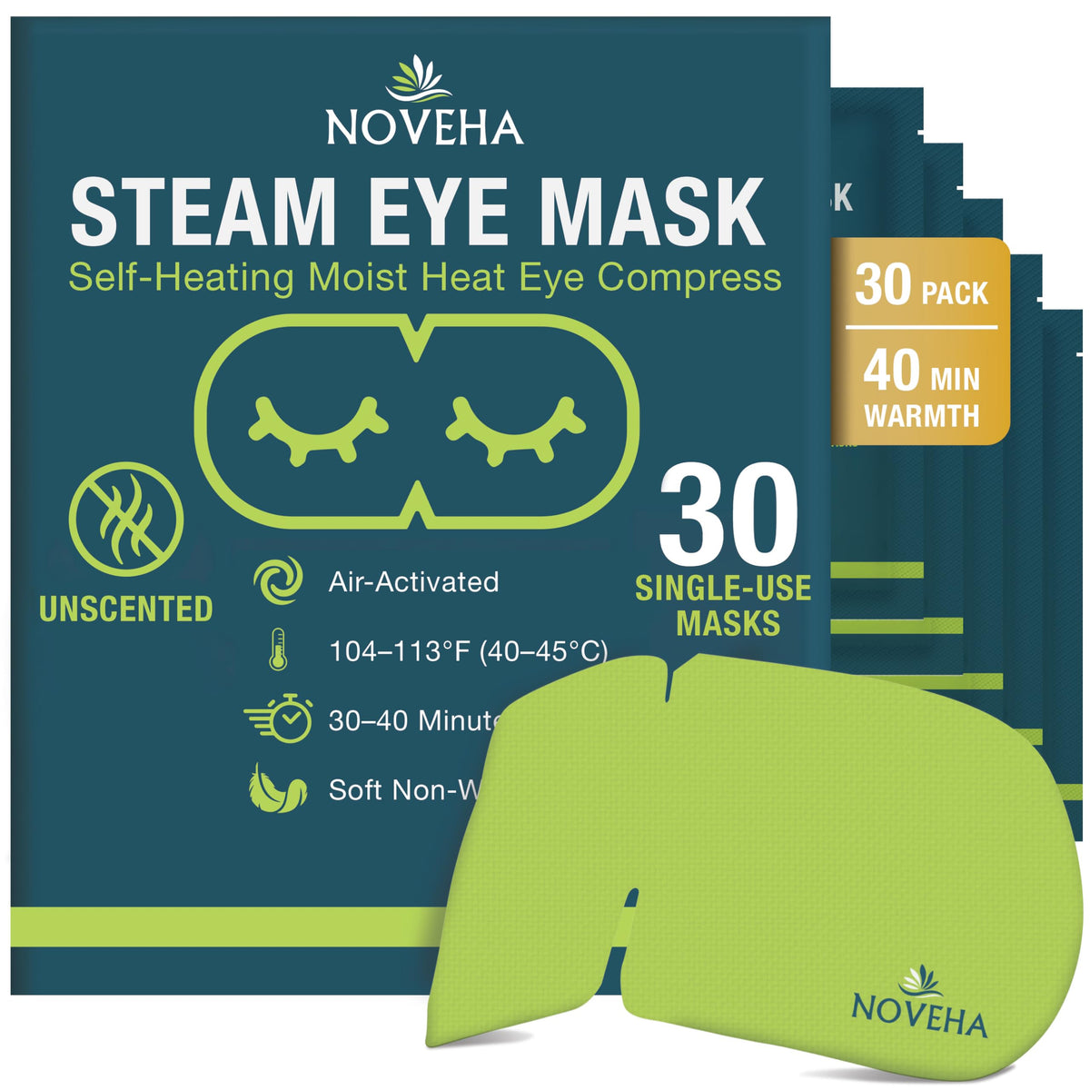 NOVEHA front packaging showing 30 masks and product benefits