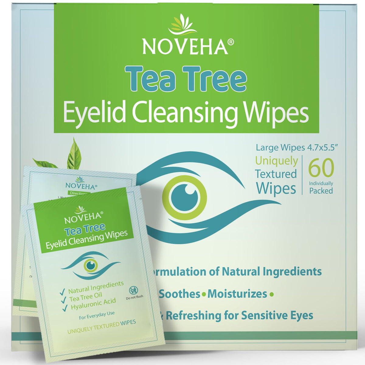 NOVEHA front packaging showing 60 individually wrapped wipes, convenient hygiene