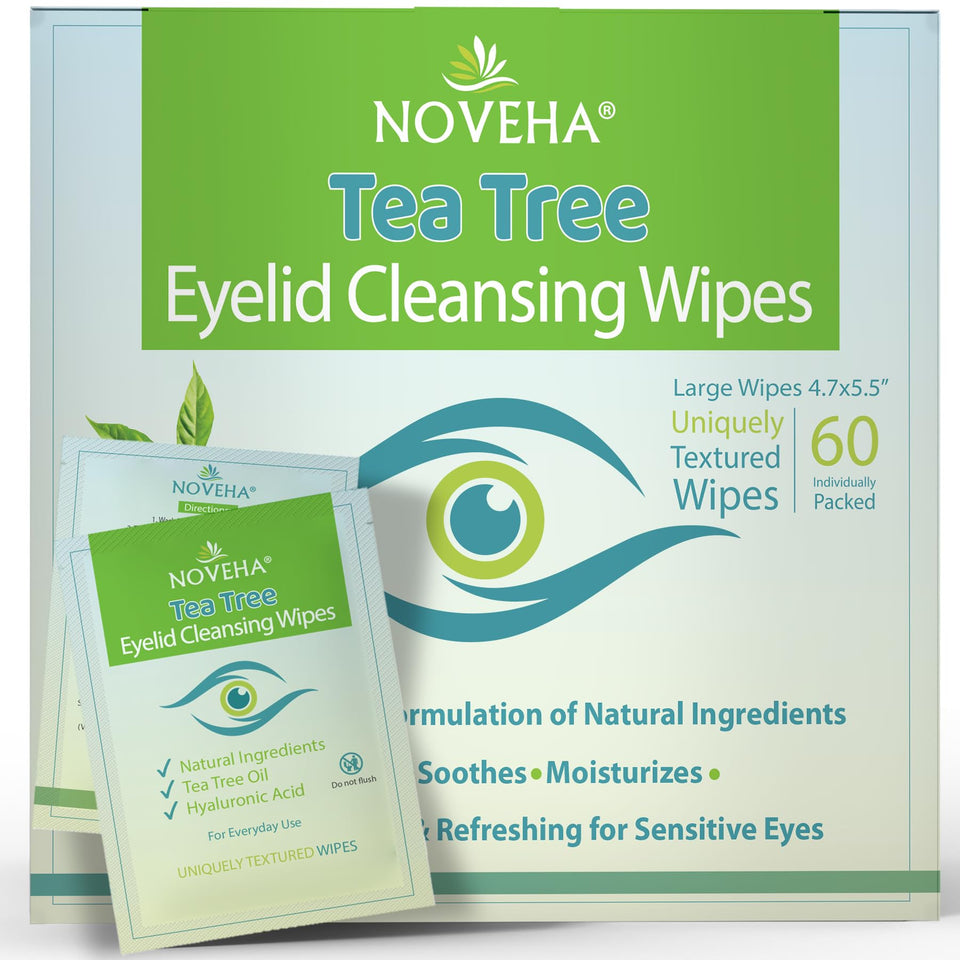 NOVEHA front packaging showing 60 individually wrapped wipes, convenient hygiene