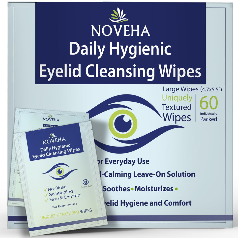 NOVEHA front packaging showing 60 sealed wipes and product benefits