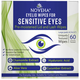 NOVEHA front packaging showing 60 individually wrapped eyelid wipes and branding