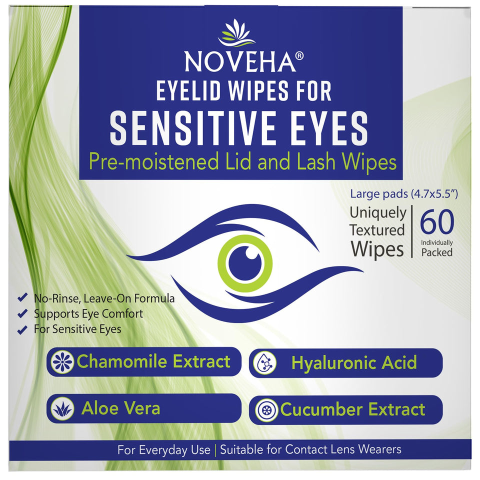 NOVEHA front packaging showing 60 individually wrapped eyelid wipes and branding