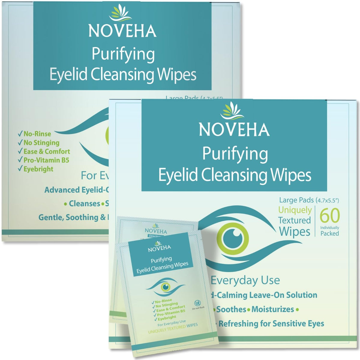 NOVEHA front packaging showing 120 wrapped eyelid wipes for convenience