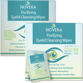 NOVEHA front packaging showing 120 wrapped eyelid wipes for convenience