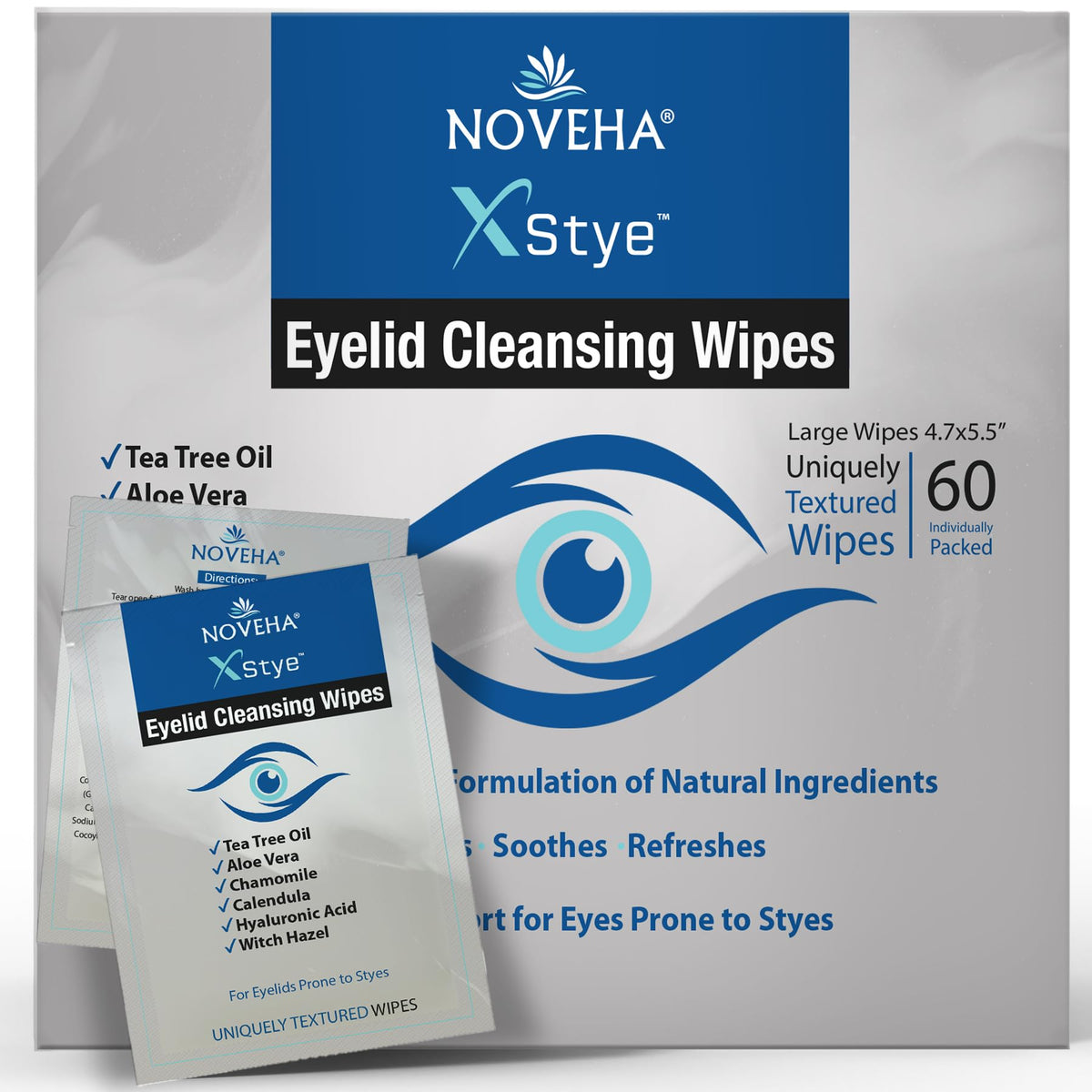 NOVEHA front packaging showing 60-count wipes and ingredient callouts for convenient relief