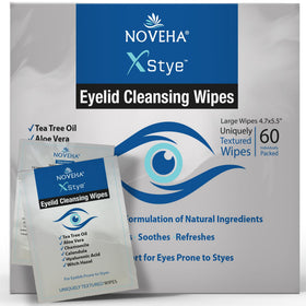 NOVEHA front packaging showing 60-count wipes and ingredient callouts for convenient relief