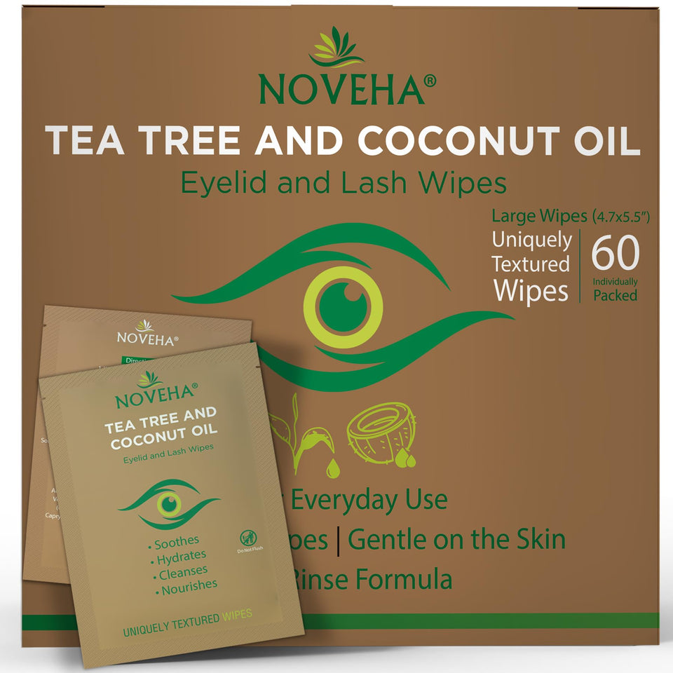 NOVEHA front packaging showing 60 individually wrapped eyelid wipes for hygiene