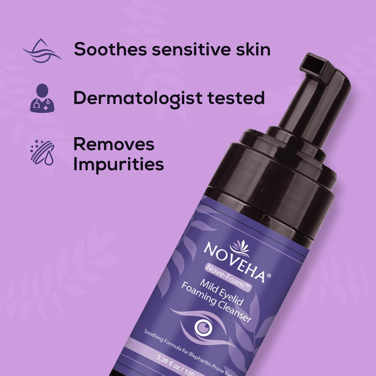 NOVEHA botanical ingredients display highlighting calming and hydrating benefits