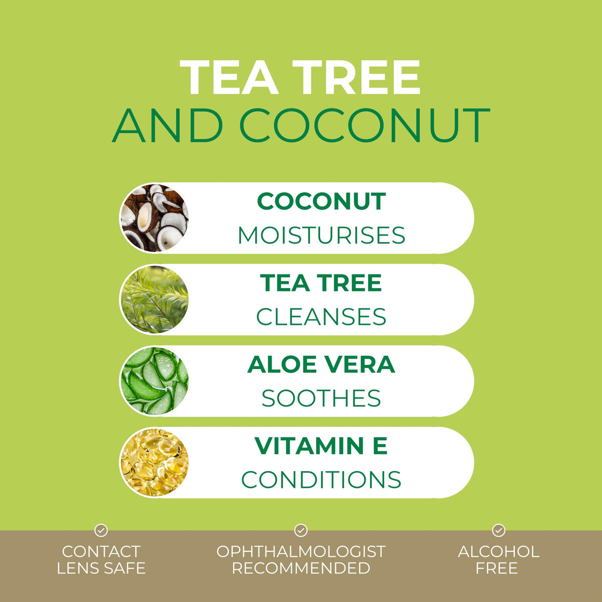 NOVEHA botanicals tea tree, coconut and aloe ingredients arranged to show natural benefit