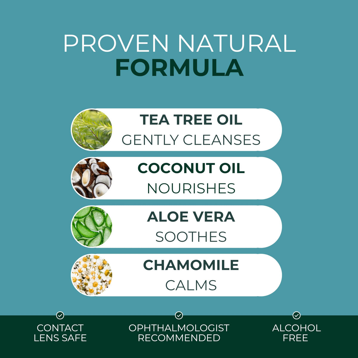 NOVEHA ingredient label highlighting tea tree, coconut, aloe, cucumber for soothing benefit