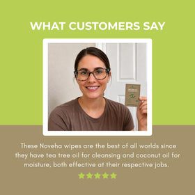 NOVEHA ingredients label highlighting tea tree, coconut and aloe