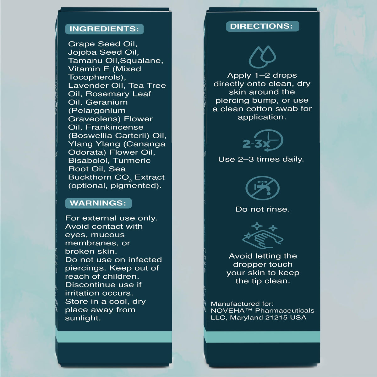 NOVEHA label close-up showing ingredients and clear usage instructions
