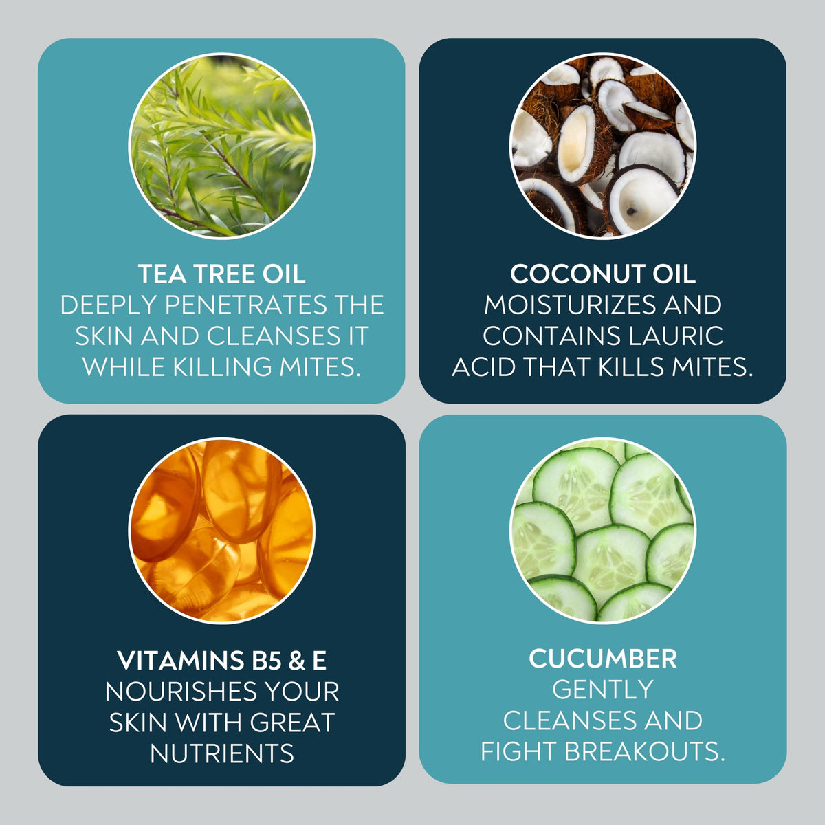 NOVEHA label ingredients detail with tea tree and vitamins, highlights transparency