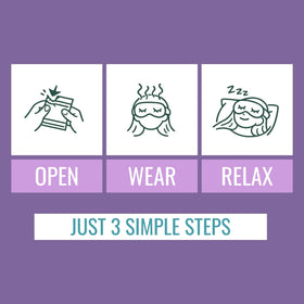 Person wearing NOVEHA mask in reclined pose showing hands-free relaxation