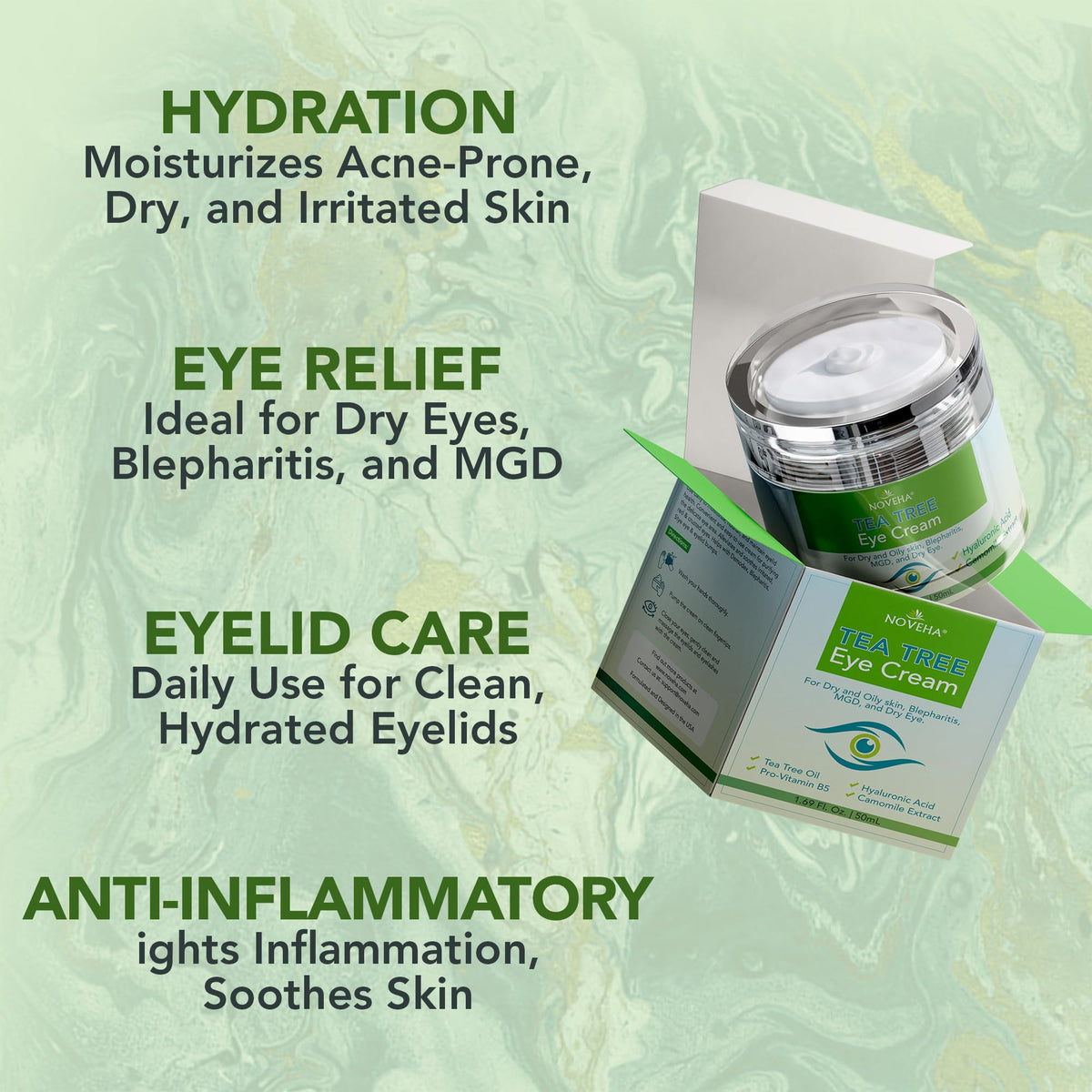 NOVEHA cream texture close-up with hyaluronic droplets, shows hydration boost