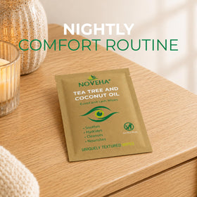 NOVEHA wipe removing eye makeup example showing effective, gentle makeup dissolution