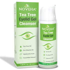 NOVEHA front packaging showing the 50mL eyelid gel cleanser and branding benefit