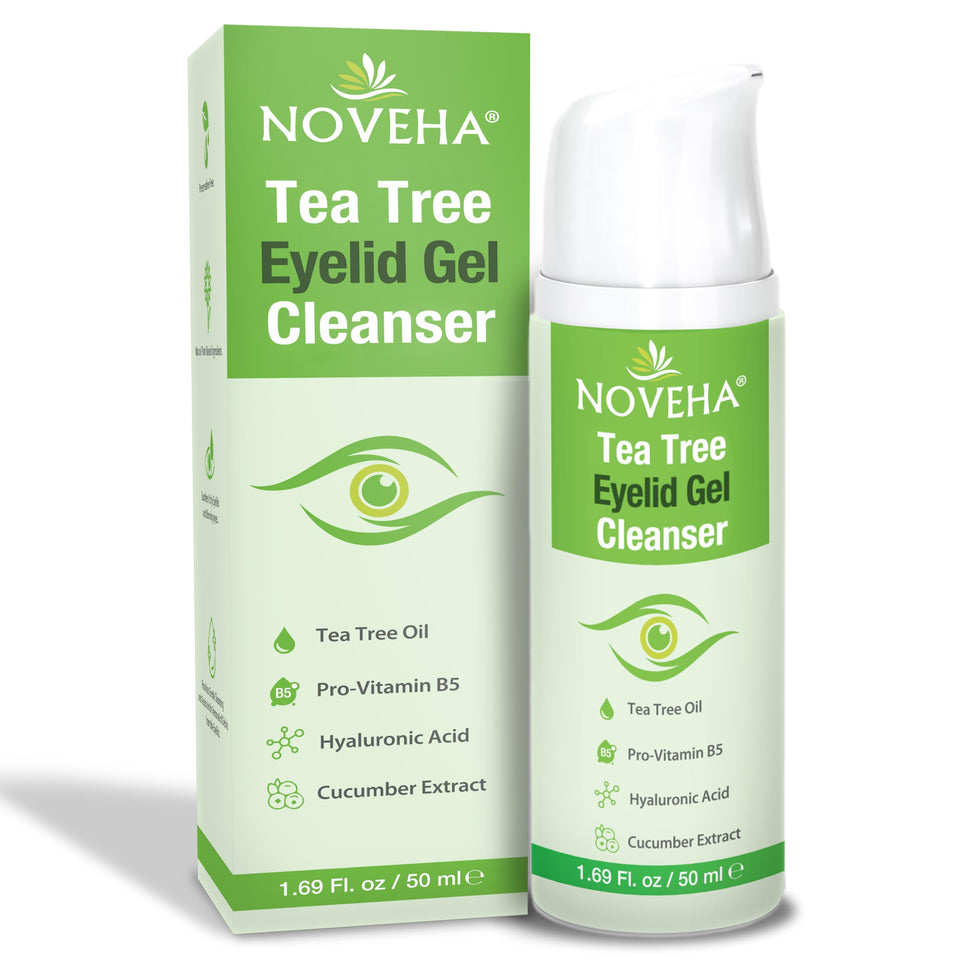 NOVEHA front packaging showing the 50mL eyelid gel cleanser and branding benefit