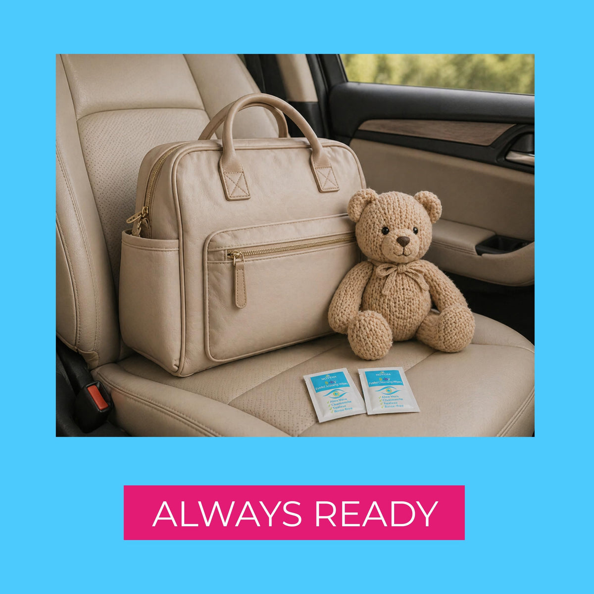 NOVEHA wipes packed in travel bag demonstrating on-the-go convenience and hygiene