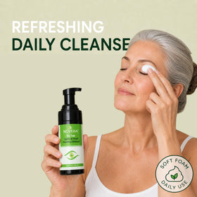 NOVEHA foam applied to closed eyelid showing safe gentle cleansing action