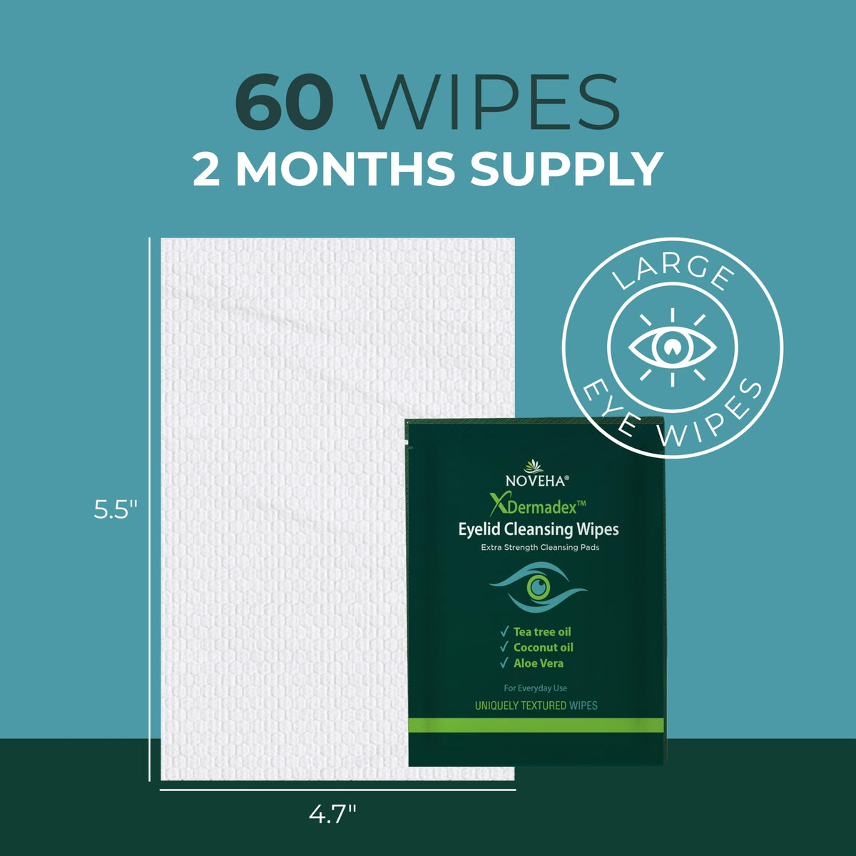 NOVEHA wipe in hand to show size and scale for precise lid cleaning benefit