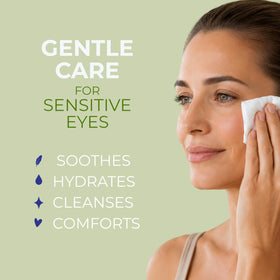 NOVEHA wipe removing mascara from closed eyelid demonstrating effective cleansing