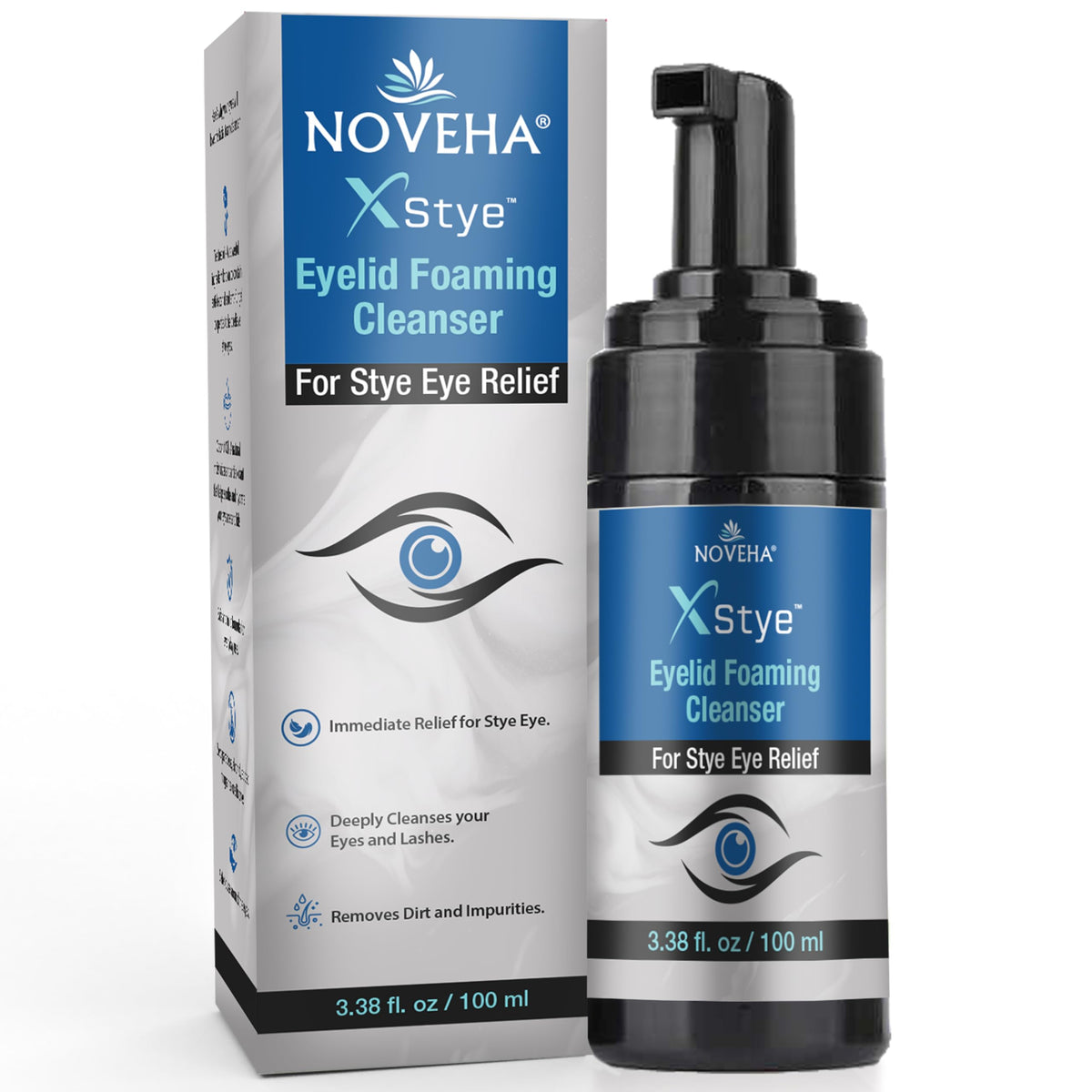 NOVEHA front bottle showing product design and clear directions for eyelid care