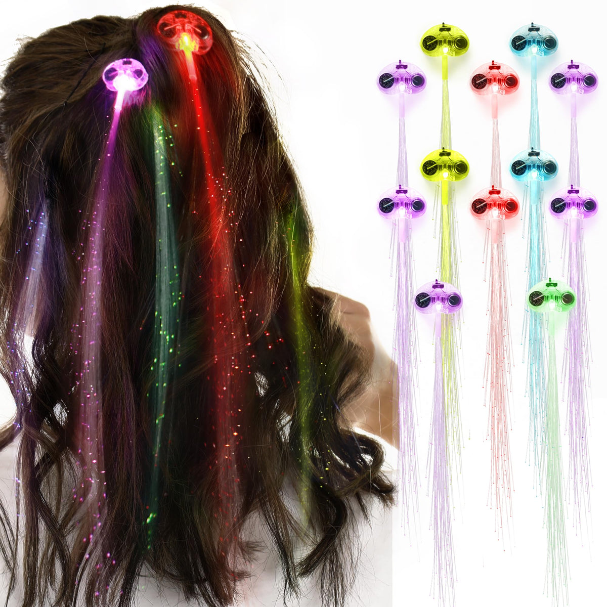 Novelty Place front packaging showing 12 clip-in LED hair extensions and benefits