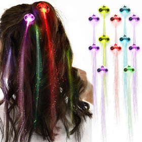 Novelty Place front packaging showing 12 clip-in LED hair extensions and benefits