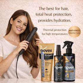 NOVEX before and after hair photo, visible frizz reduction and smoother finish