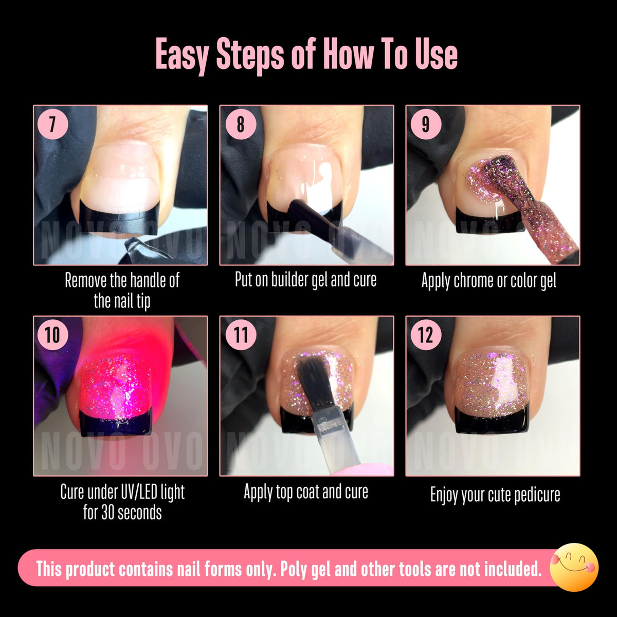 NOVO OVO before and after pedicure showcasing instant black French transformation