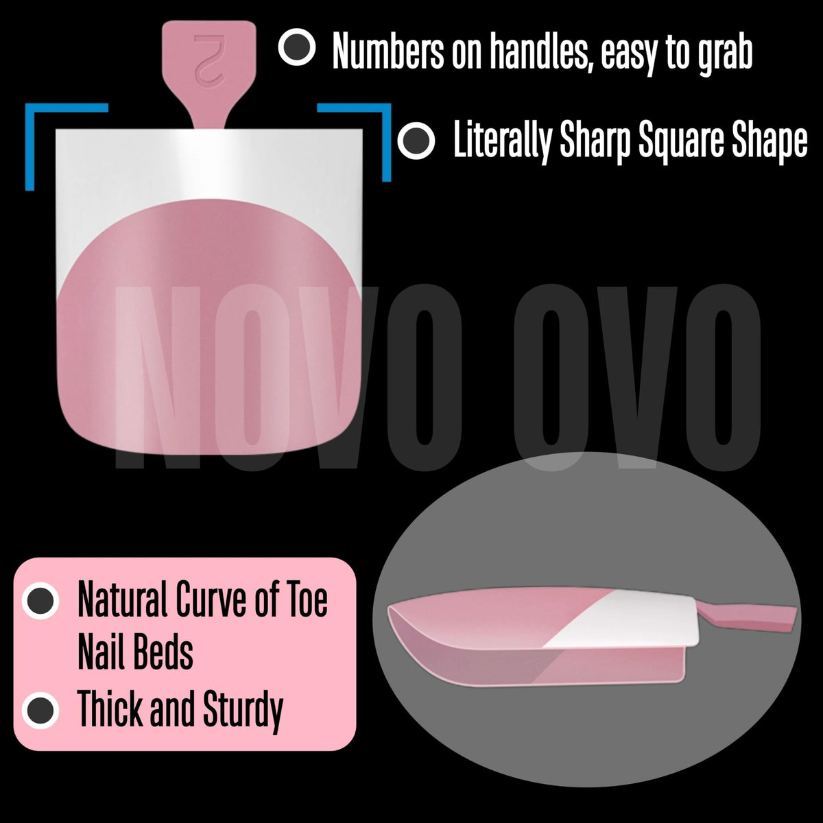 NOVO OVO berry pink full cover toenails arranged to show color and shape