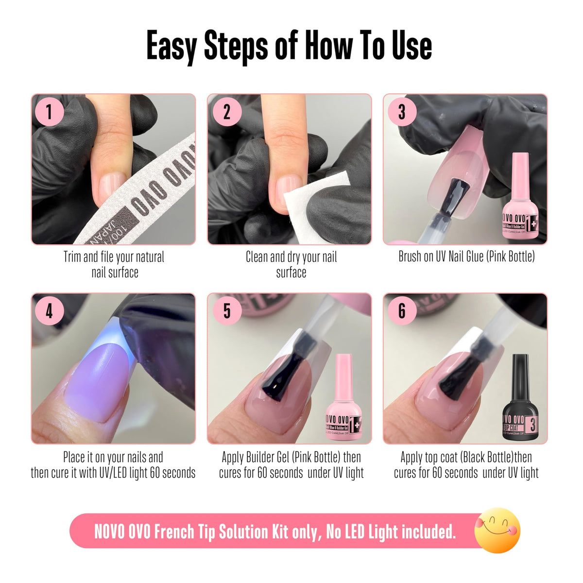 NOVO OVO cured French tip result on hand showing long-lasting look