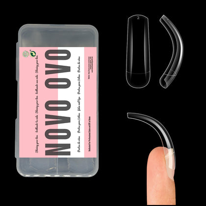 NOVO OVO front box packaging showing 100 clear long nail tips, clear presentation benefit