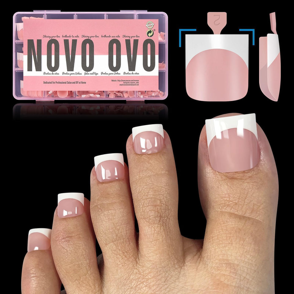 NOVO OVO front packaging showing baby pink French tip set and piece count for quick salon results