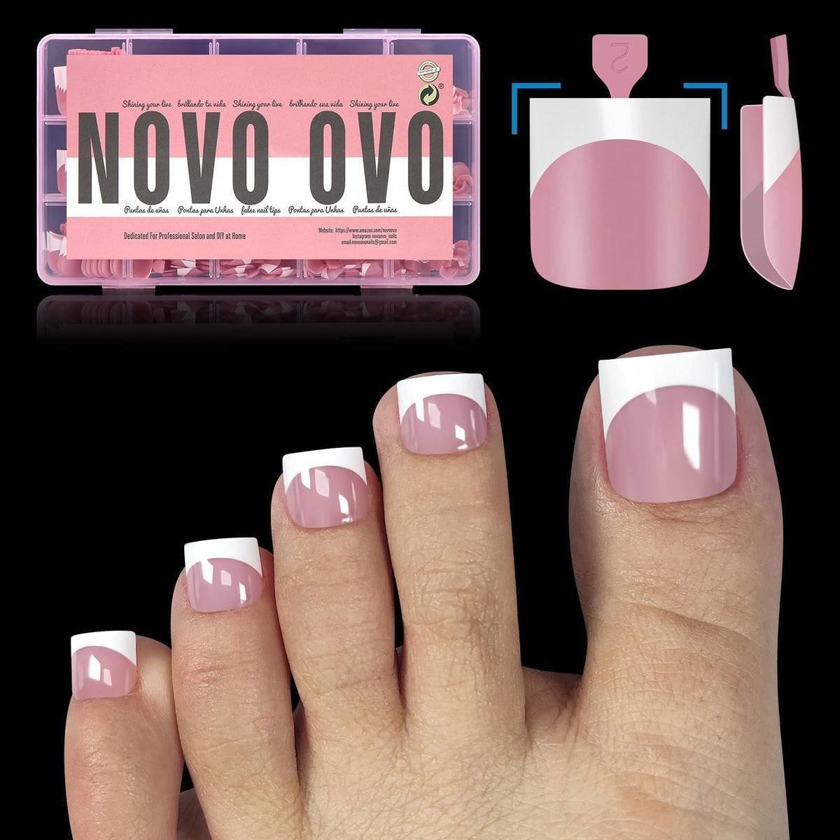 NOVO OVO front packaging showing berry pink press-on toe nails and 240 pieces for quick pedicures