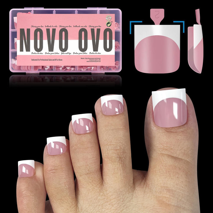 NOVO OVO front packaging showing berry pink press-on toe nails and 240 pieces for quick pedicures
