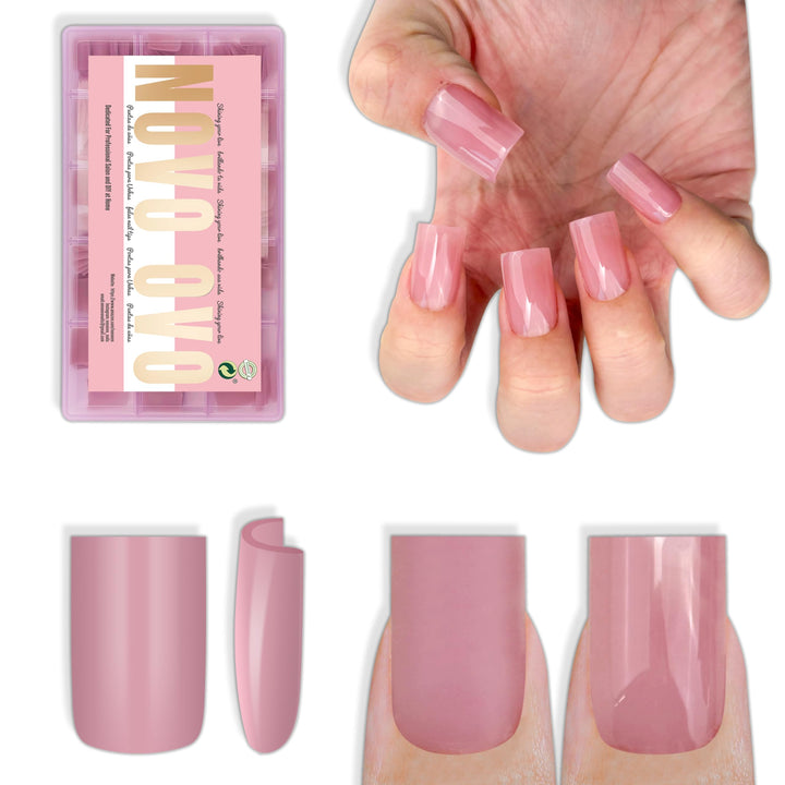 NOVO OVO front packaging berry pink showing full cover press-on set and quantity benefit