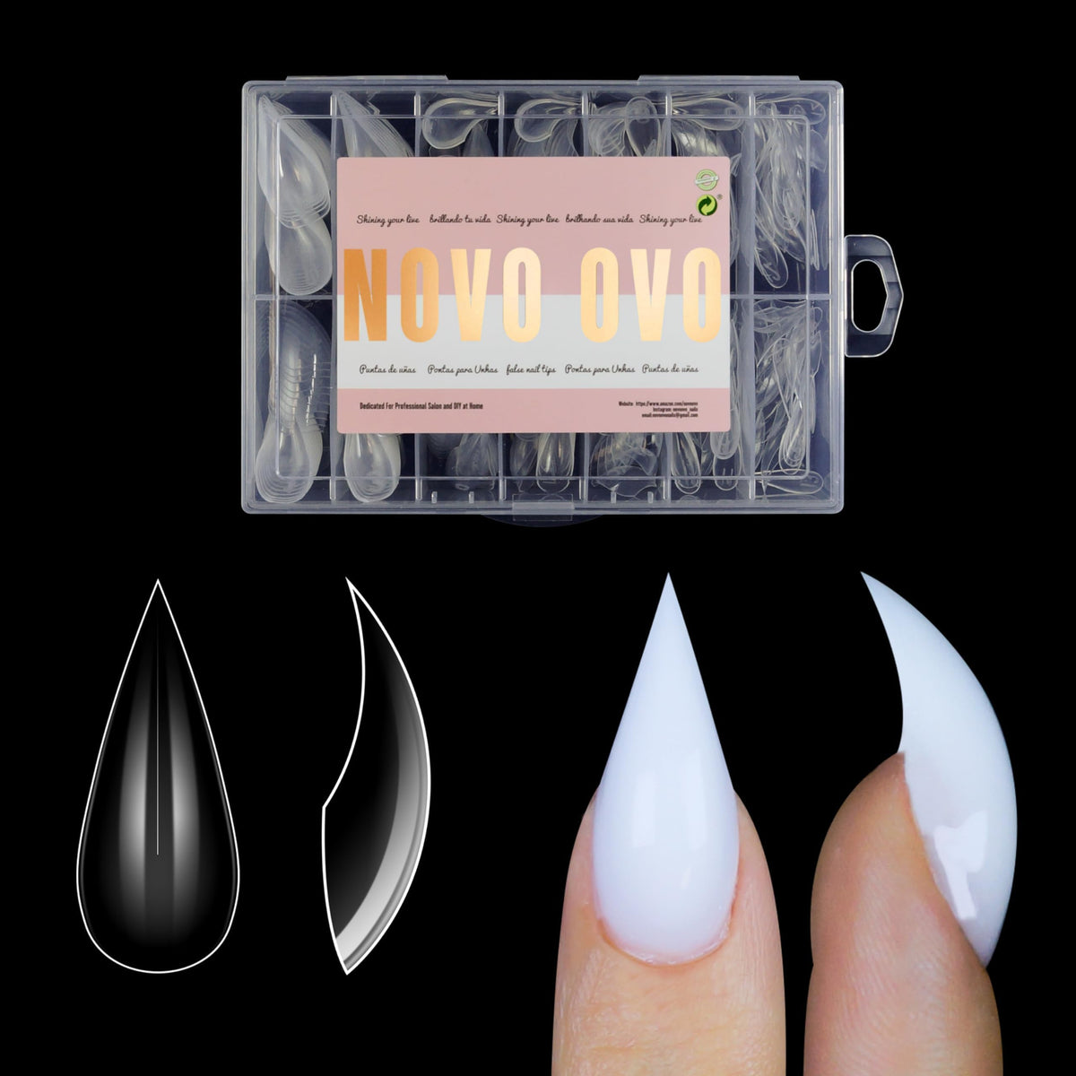 NOVO OVO front packaging showing 280-piece cat claw dual forms, clear kit benefit