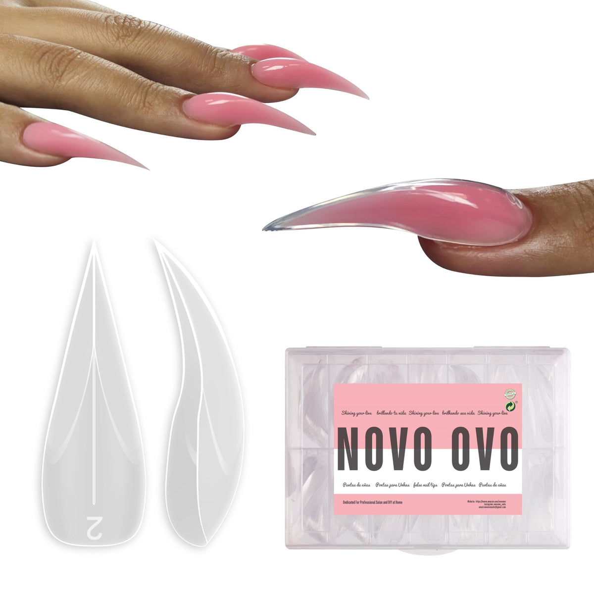 NOVO OVO front packaging showing 280-piece stiletto dual forms, professional convenience