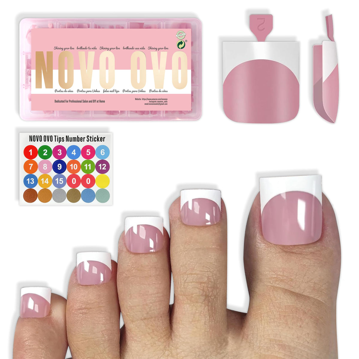 NOVO OVO front packaging showing French tip toe nails and benefits