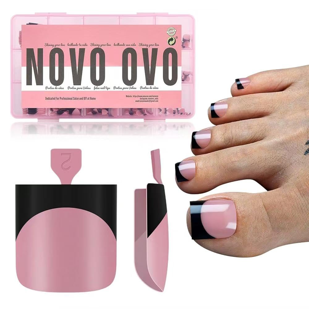 NOVO OVO front packaging display showing black French tip toes, clear quick pedicure solution